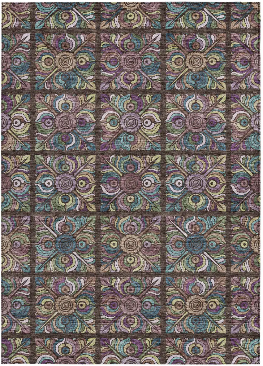 Chocolate Purple And Teal Blue Medallion Washable Indoor Outdoor Area Rug Photo 7