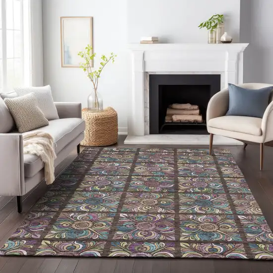 Chocolate Purple And Teal Blue Medallion Washable Indoor Outdoor Area Rug Photo 9