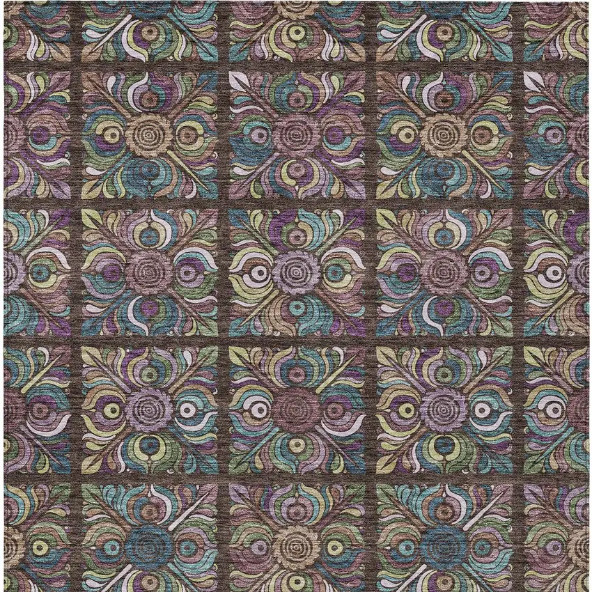 Chocolate Purple And Teal Blue Medallion Washable Indoor Outdoor Area Rug Photo 8