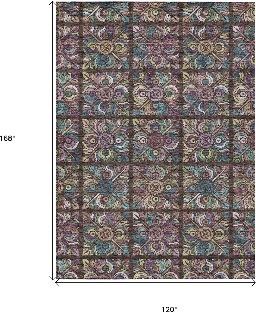 Chocolate Purple And Teal Blue Medallion Washable Indoor Outdoor Area Rug Photo 3