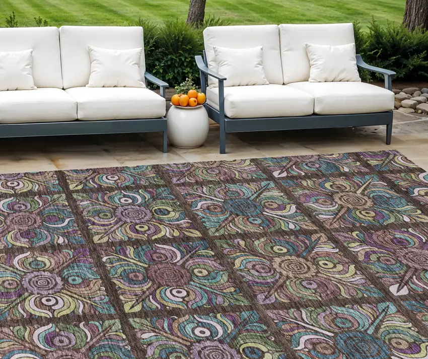 Chocolate Purple And Teal Blue Medallion Washable Indoor Outdoor Area Rug Photo 1