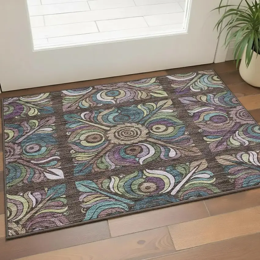Chocolate Purple And Teal Medallion Washable Area Rug With UV Protection Photo 2