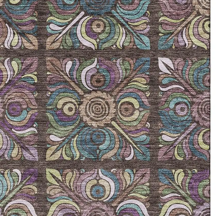 Chocolate Purple And Teal Medallion Washable Area Rug With UV Protection Photo 1