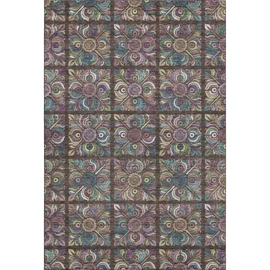 Chocolate Purple And Teal Medallion Washable Area Rug With UV Protection Photo 1