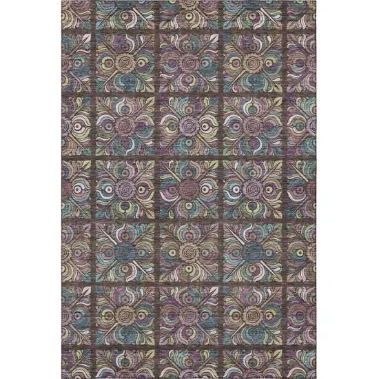 Chocolate Purple And Teal Medallion Washable Area Rug With UV Protection Photo 3