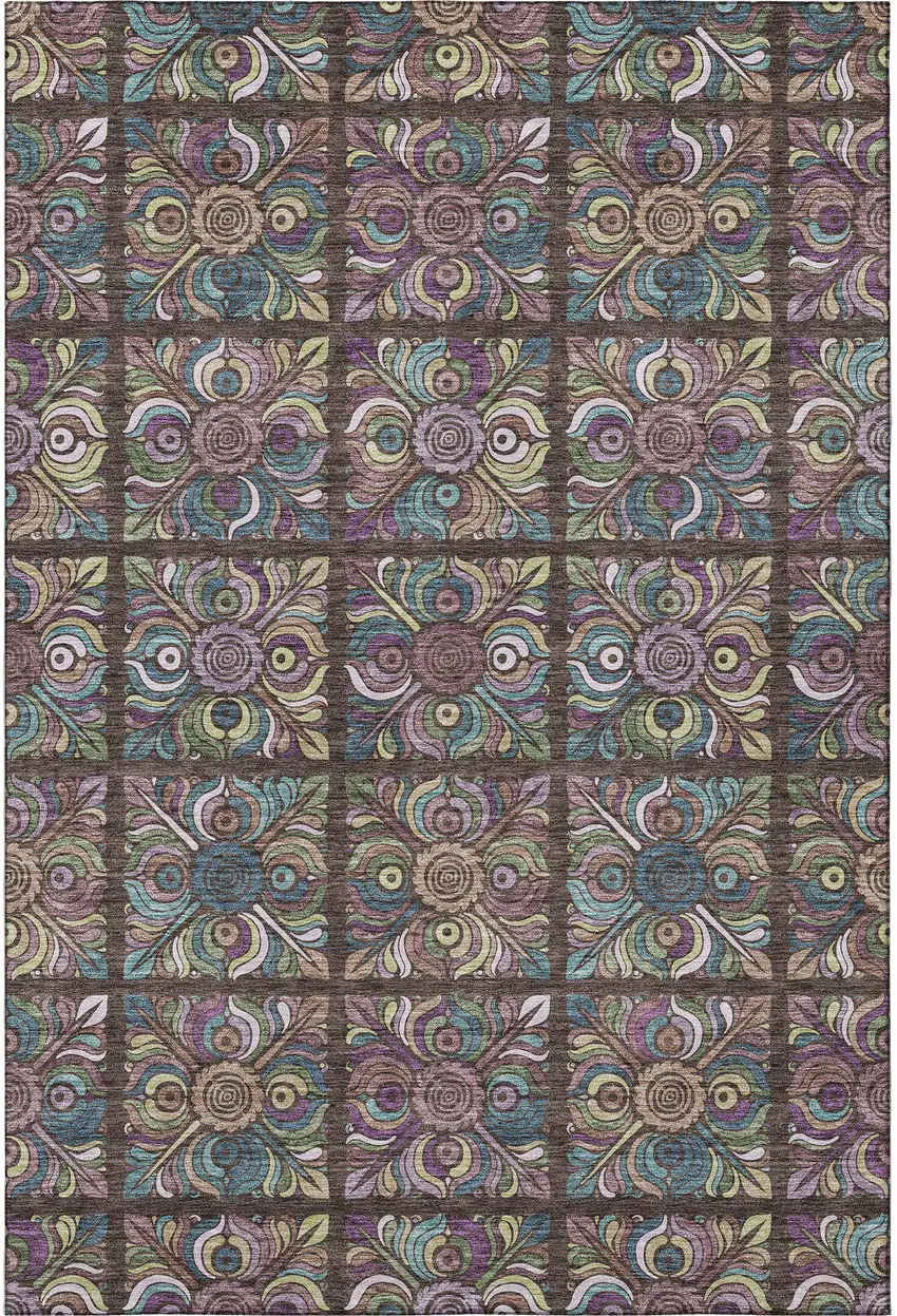 Chocolate Purple And Teal Medallion Washable Area Rug With UV Protection Photo 3