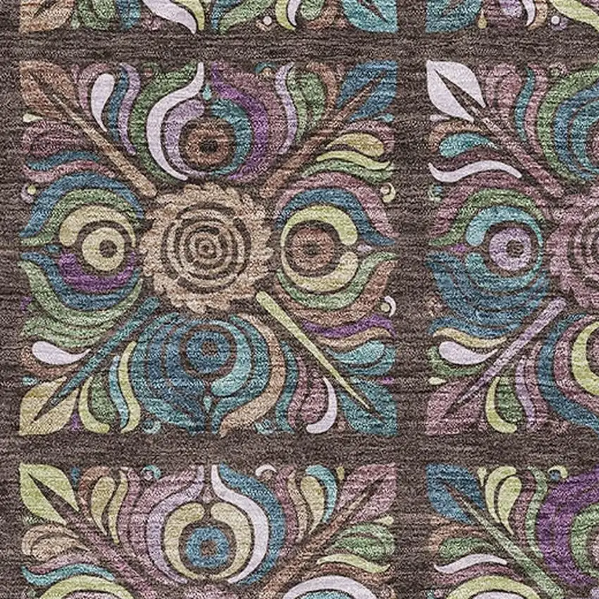 Chocolate Purple And Teal Medallion Washable Area Rug With UV Protection Photo 1