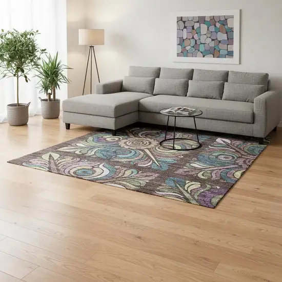 Chocolate Purple And Teal Medallion Washable Area Rug With UV Protection Photo 2