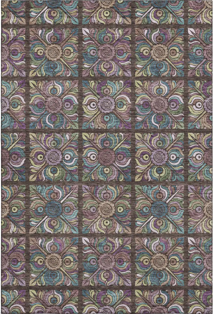 Chocolate Purple And Teal Medallion Washable Area Rug With UV Protection Photo 1