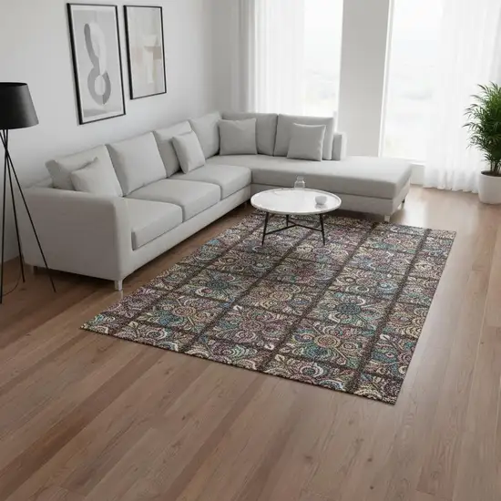 Chocolate Purple And Teal Medallion Washable Area Rug With UV Protection Photo 2