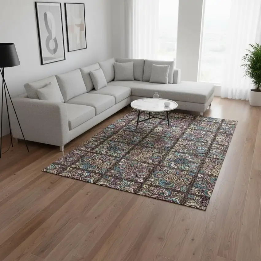 Chocolate Purple And Teal Medallion Washable Area Rug With UV Protection Photo 2