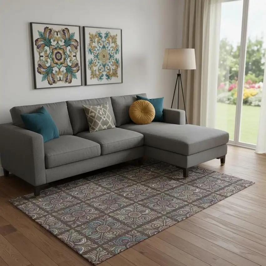 Chocolate Purple And Teal Medallion Washable Area Rug With UV Protection Photo 1