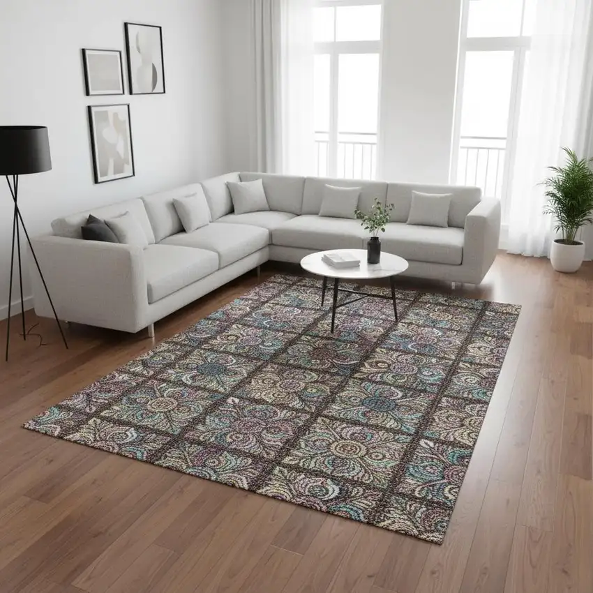 Chocolate Purple And Teal Medallion Washable Area Rug With UV Protection Photo 2