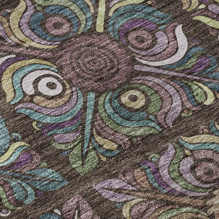 Chocolate Purple And Teal Medallion Washable Area Rug With UV Protection Photo 9