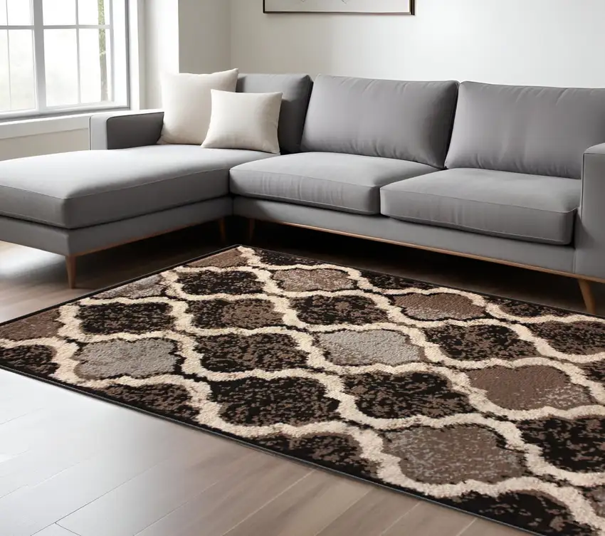 Chocolate Quatrefoil Power Loom Distressed Stain Resistant Area Rug Photo 1