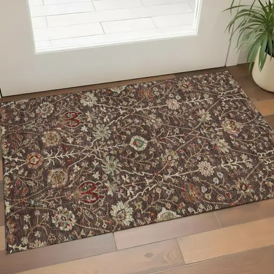 Chocolate Red And Copper Floral Washable Area Rug With UV Protection Photo 1