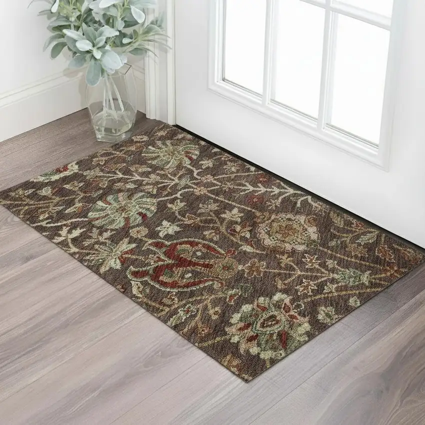 Chocolate Red And Copper Floral Washable Area Rug With UV Protection Photo 2
