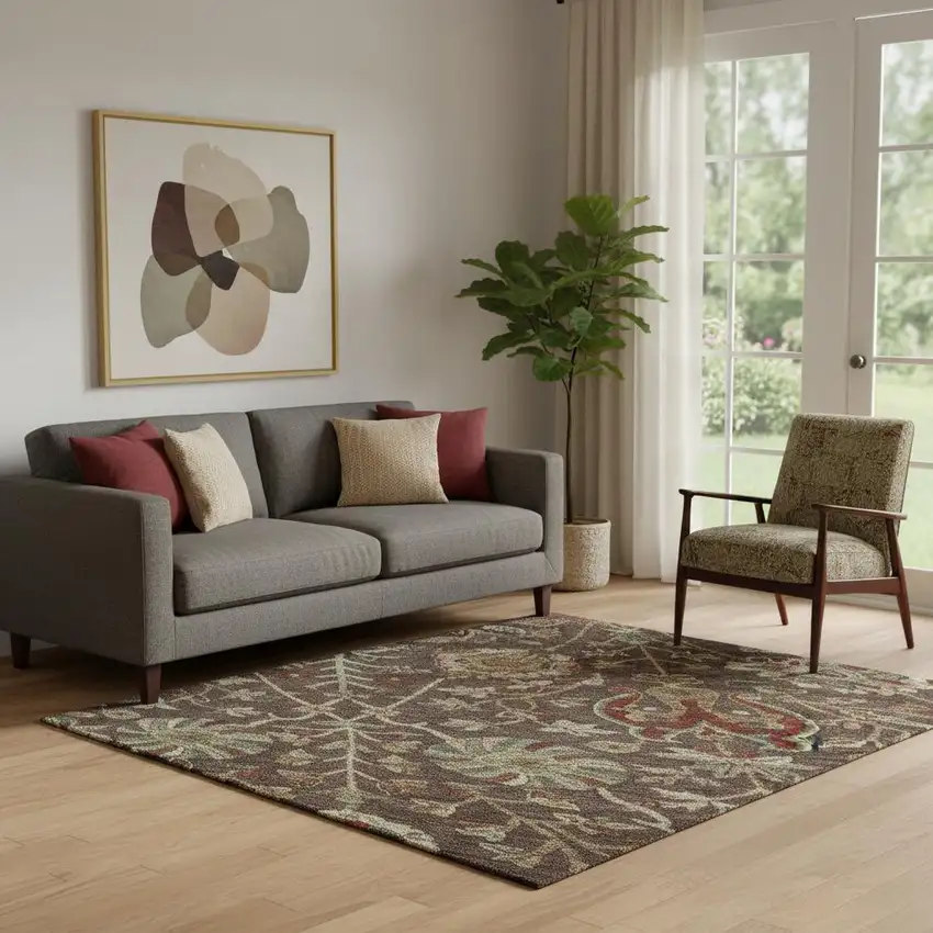 Chocolate Red And Copper Floral Washable Area Rug With UV Protection Photo 2