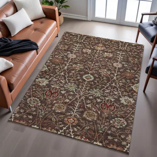 Chocolate Red And Copper Floral Washable Area Rug With UV Protection Photo 4