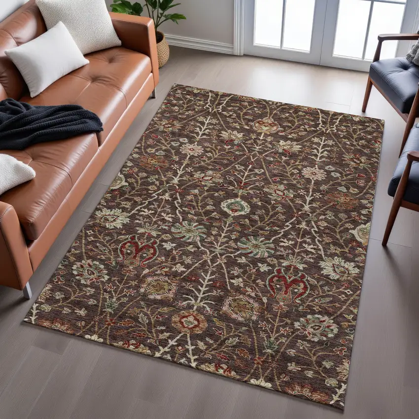 Chocolate Red And Copper Floral Washable Area Rug With UV Protection Photo 4