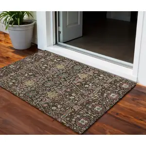 Photo of Chocolate Red And Gold Floral Washable Indoor Outdoor Area Rug