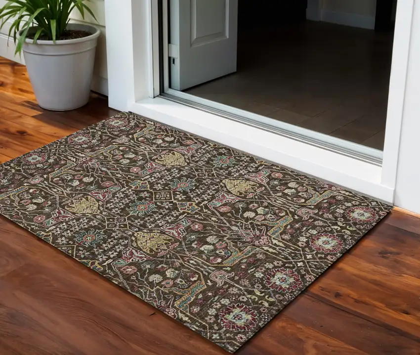 Chocolate Red And Gold Floral Washable Indoor Outdoor Area Rug Photo 1