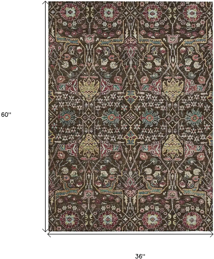 Chocolate Red And Gold Floral Washable Indoor Outdoor Area Rug Photo 8