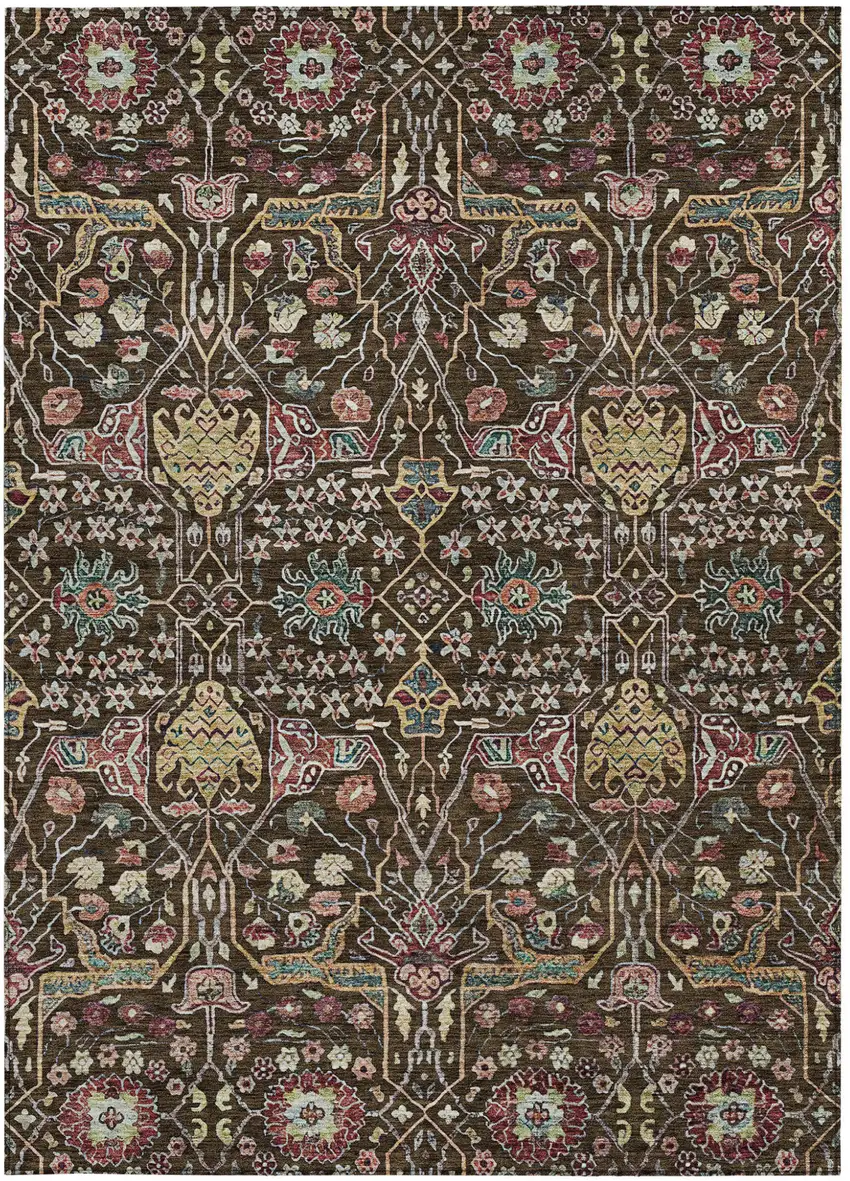 Chocolate Red And Gold Floral Washable Indoor Outdoor Area Rug Photo 7