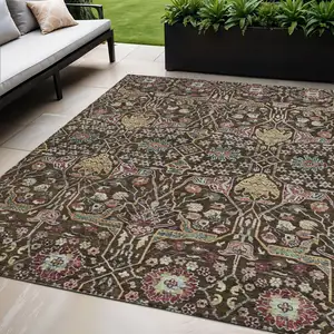Photo of Chocolate Red And Gold Floral Washable Indoor Outdoor Area Rug