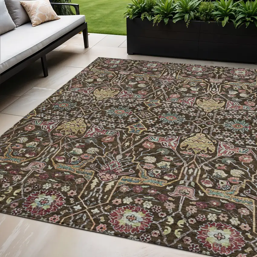 Chocolate Red And Gold Floral Washable Indoor Outdoor Area Rug Photo 1