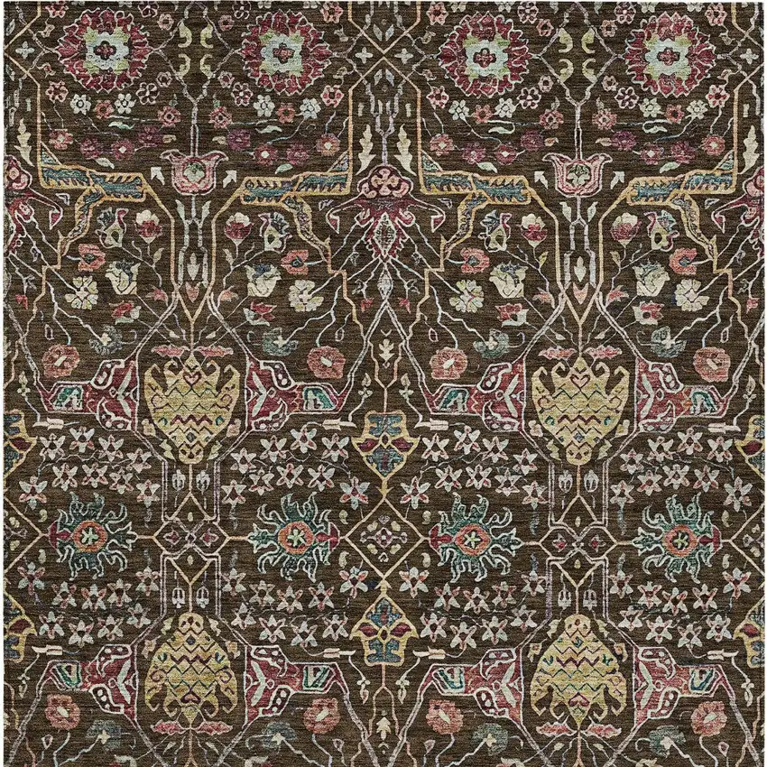 Chocolate Red And Gold Floral Washable Indoor Outdoor Area Rug Photo 7