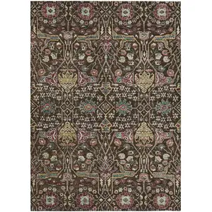 Photo of Chocolate Red And Gold Floral Washable Indoor Outdoor Area Rug