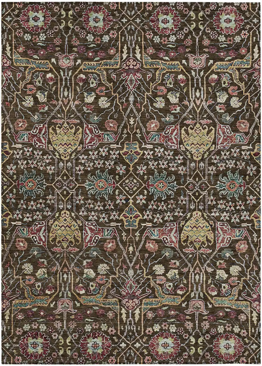 Chocolate Red And Gold Floral Washable Indoor Outdoor Area Rug Photo 2