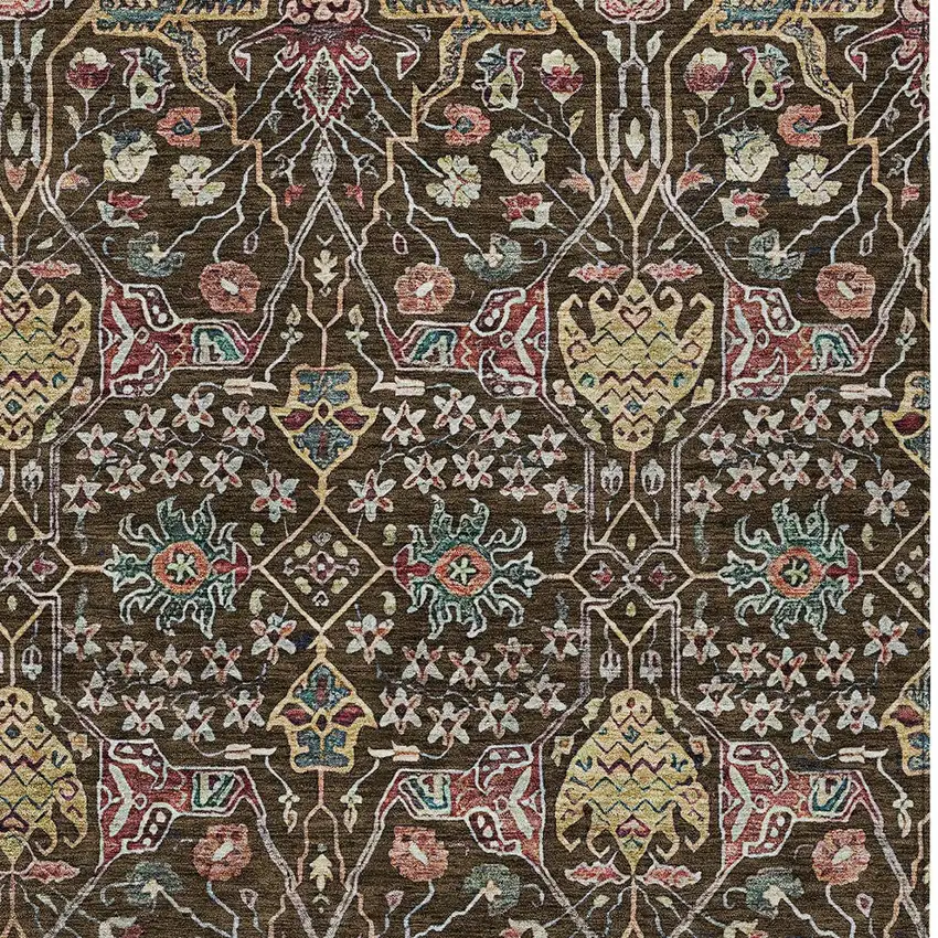 Chocolate Red And Gold Floral Washable Indoor Outdoor Area Rug Photo 6