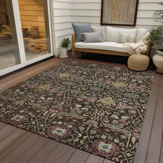 Chocolate Red And Gold Floral Washable Indoor Outdoor Area Rug Photo 8