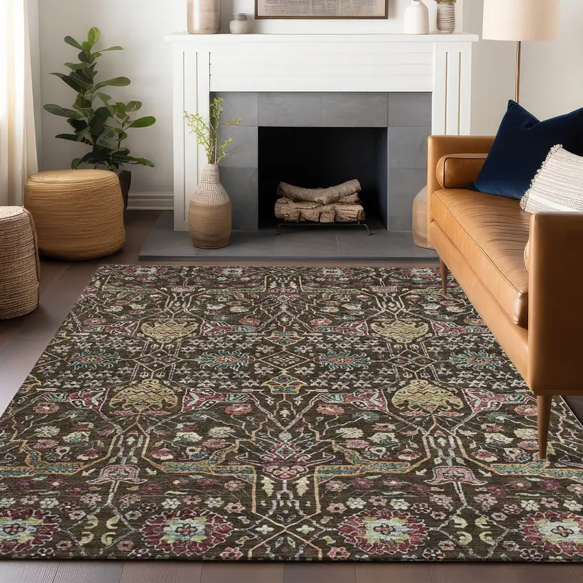 Chocolate Red And Gold Floral Washable Indoor Outdoor Area Rug Photo 9