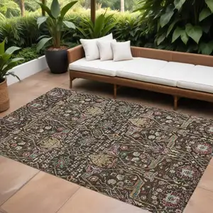 Photo of Chocolate Red And Gold Floral Washable Indoor Outdoor Area Rug