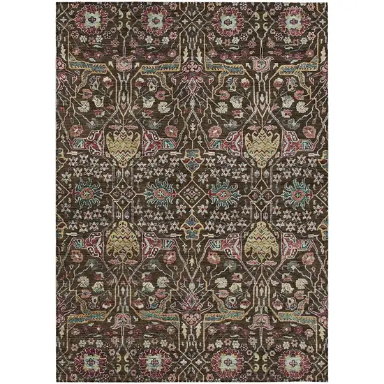 Chocolate Red And Gold Floral Washable Indoor Outdoor Area Rug Photo 2