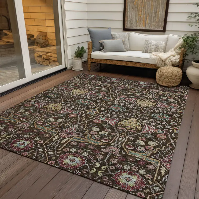 Chocolate Red And Gold Floral Washable Indoor Outdoor Area Rug Photo 8