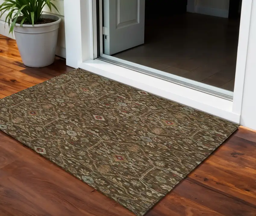 Chocolate Red And Green Floral Washable Indoor Outdoor Area Rug Photo 1