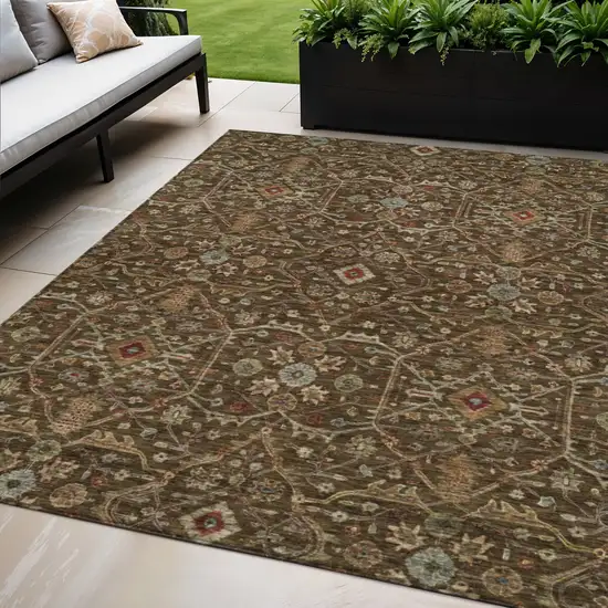 Chocolate Red And Green Floral Washable Indoor Outdoor Area Rug Photo 1