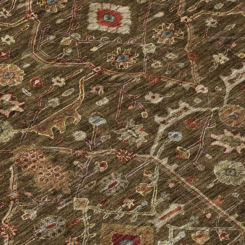 Chocolate Red And Green Floral Washable Indoor Outdoor Area Rug Photo 5