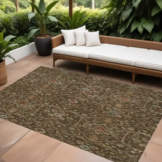 Chocolate Red And Green Floral Washable Indoor Outdoor Area Rug Photo 1