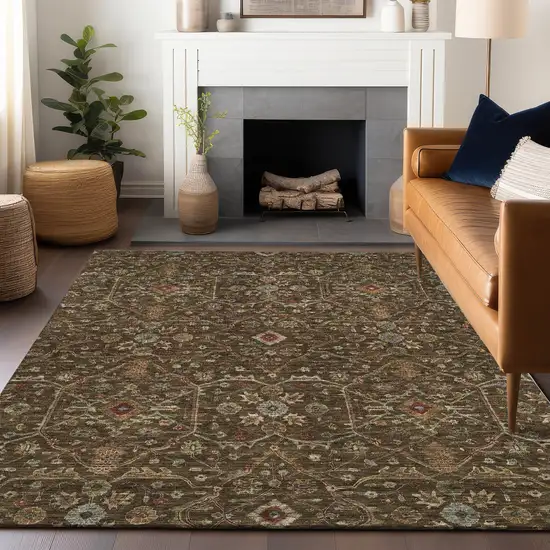 Chocolate Red And Green Floral Washable Indoor Outdoor Area Rug Photo 9