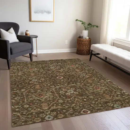 Chocolate Red And Green Floral Washable Indoor Outdoor Area Rug Photo 9