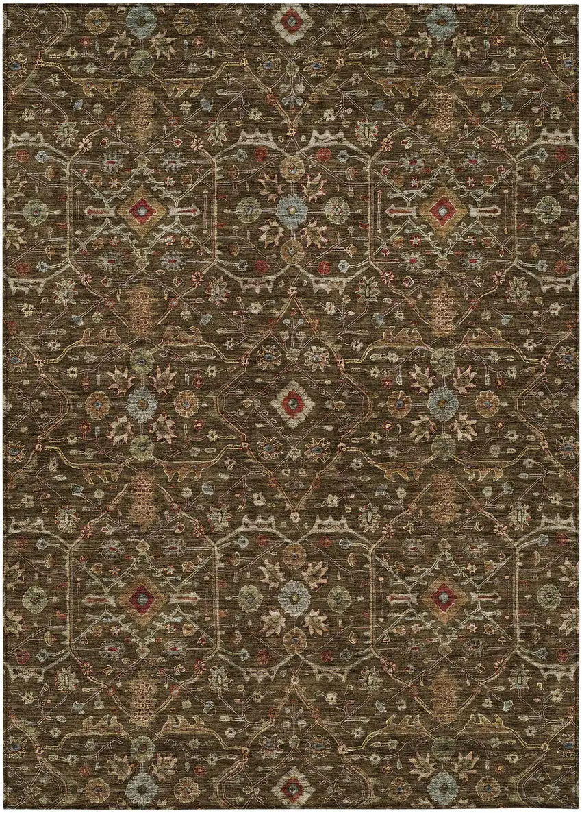 Chocolate Red And Green Floral Washable Indoor Outdoor Area Rug Photo 2