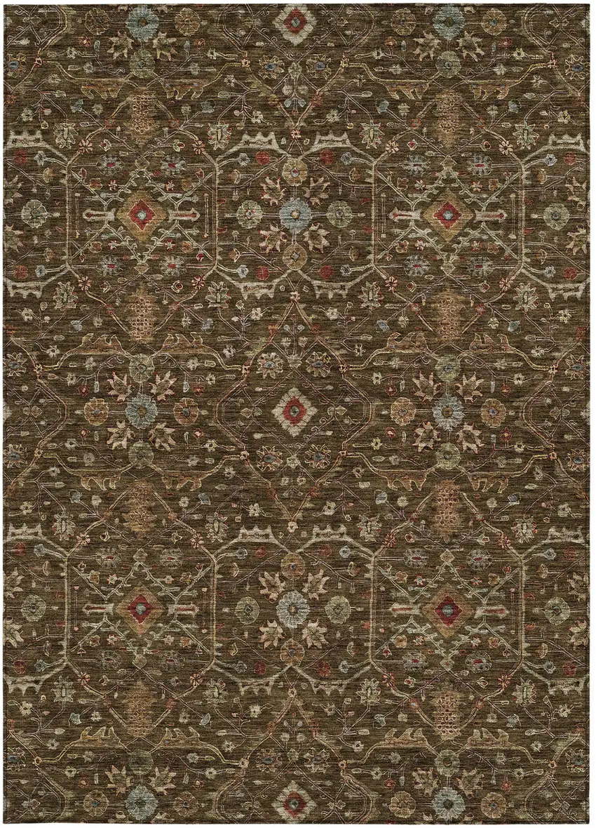 Chocolate Red And Green Floral Washable Indoor Outdoor Area Rug Photo 6