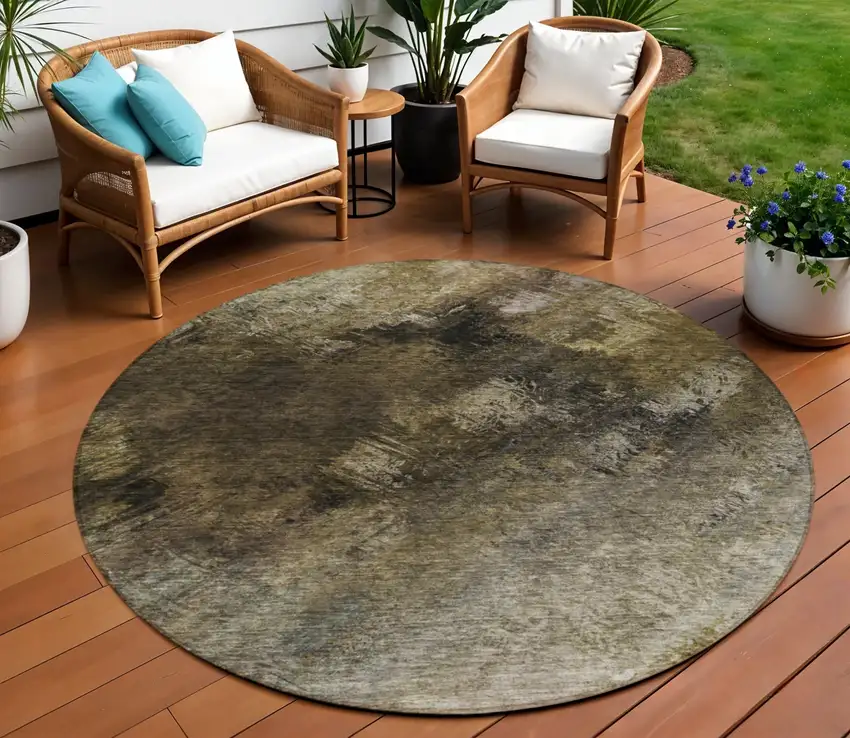 Chocolate Round Abstract Washable Non Skid Indoor Outdoor Area Rug Photo 1