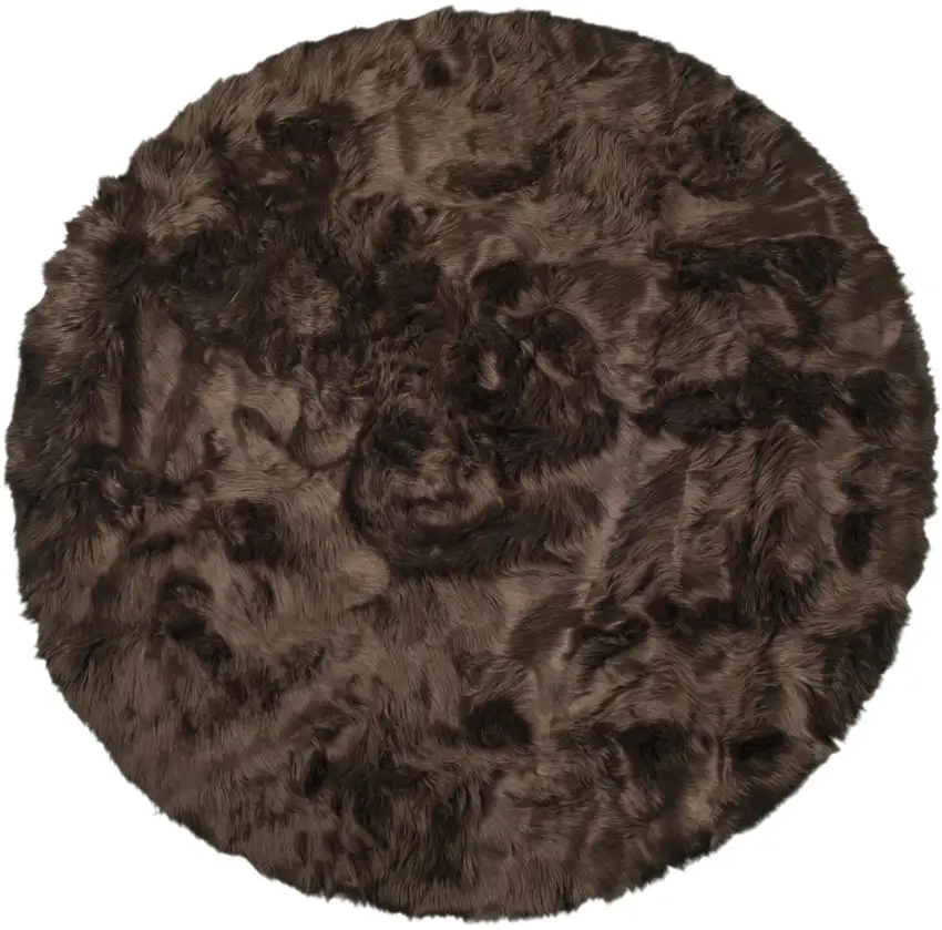 Chocolate Round Faux Fur Washable Non Skid Area Rug Photo 1