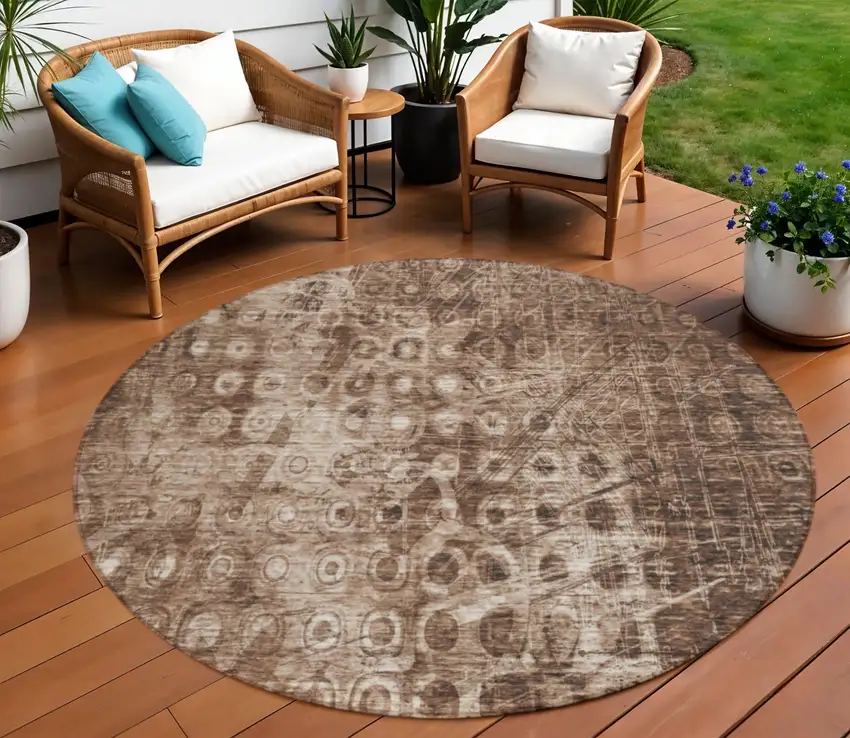 Chocolate Round Ikat Washable Non Skid Indoor Outdoor Area Rug Photo 1